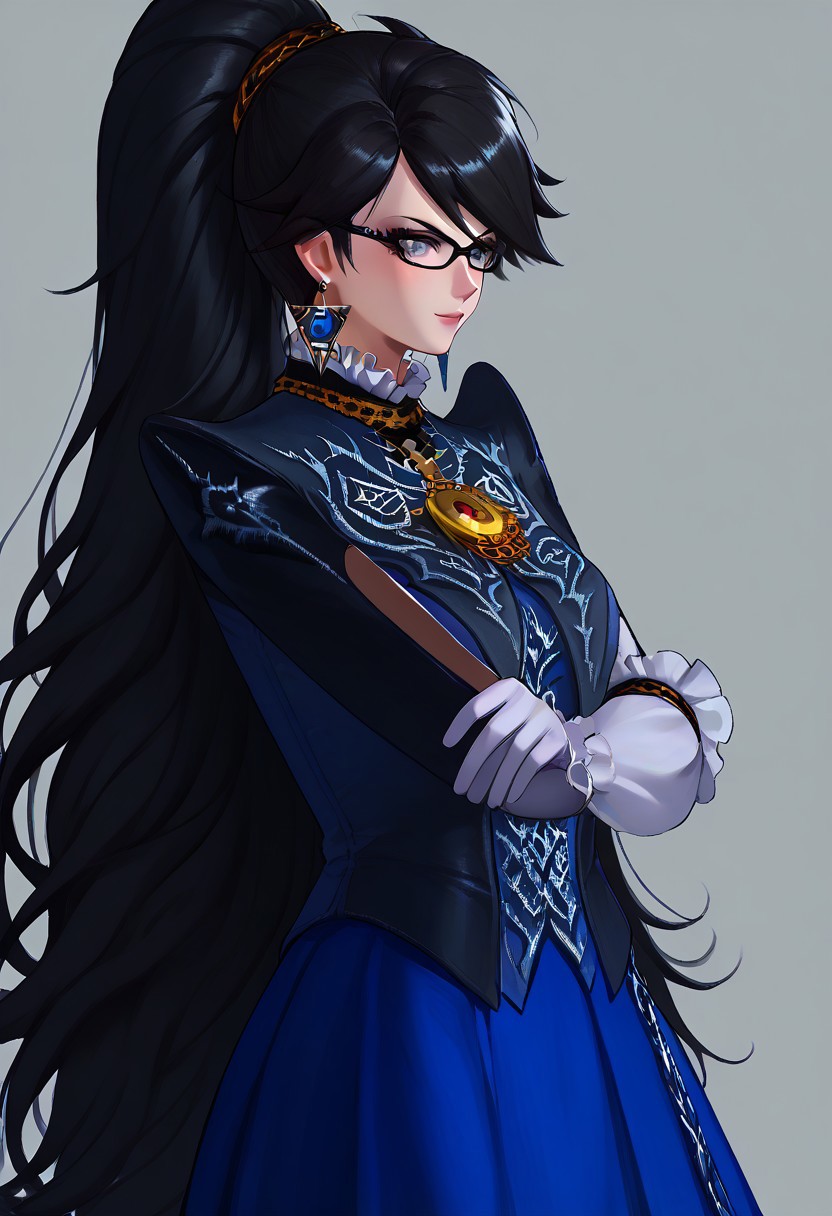 ,score_9, score_8_up, score_7_up,<lora:brawl_style_1_2_R:0.8>, 1girl, brawl, bayonetta 2, Black Hair, Very Long Hair, Epic Hair, Big Hair, Wavy Hair, Ponytail, Dual Bun, Brawl Stars Style, Blue Triangle Earrings, Gray Eyes, White Long Gloves, Long Sleeves, Skirt, Eyeglasses, Half Body, {{Sakimichan Style}}, source_anime