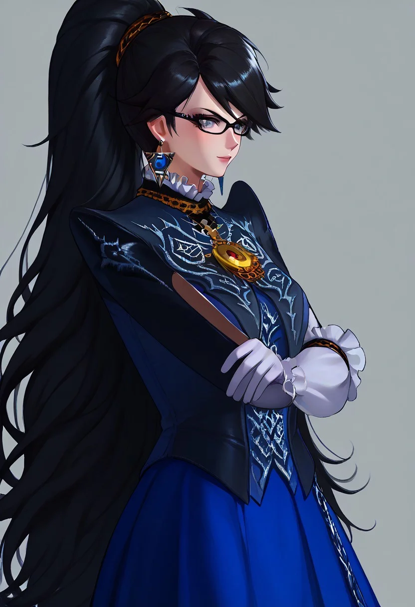 ,score_9, score_8_up, score_7_up,<lora:brawl_style_1_2_R:0.8>, 1girl, brawl, bayonetta 2, Black Hair, Very Long Hair, Epic Hair, Big Hair, Wavy Hair, Ponytail, Dual Bun, Brawl Stars Style, Blue Triangle Earrings, Gray Eyes, White Long Gloves, Long Sleeves, Skirt, Eyeglasses, Half Body, {{Sakimichan Style}}, source_anime