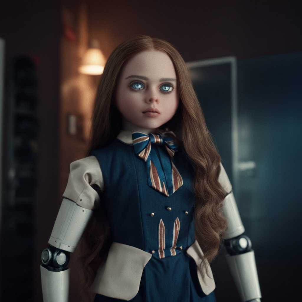 cinematic film still of  <lora:M3GAN:1>
M3GAN a woman standing in a room with a light on,sinister,villain,cyborg doll,1girl,solo,long hair,blue eyes,brown hair,bow,striped,lips,robot,realistic, shallow depth of field, vignette, highly detailed, high budget, bokeh, cinemascope, moody, epic, gorgeous, film grain, grainy