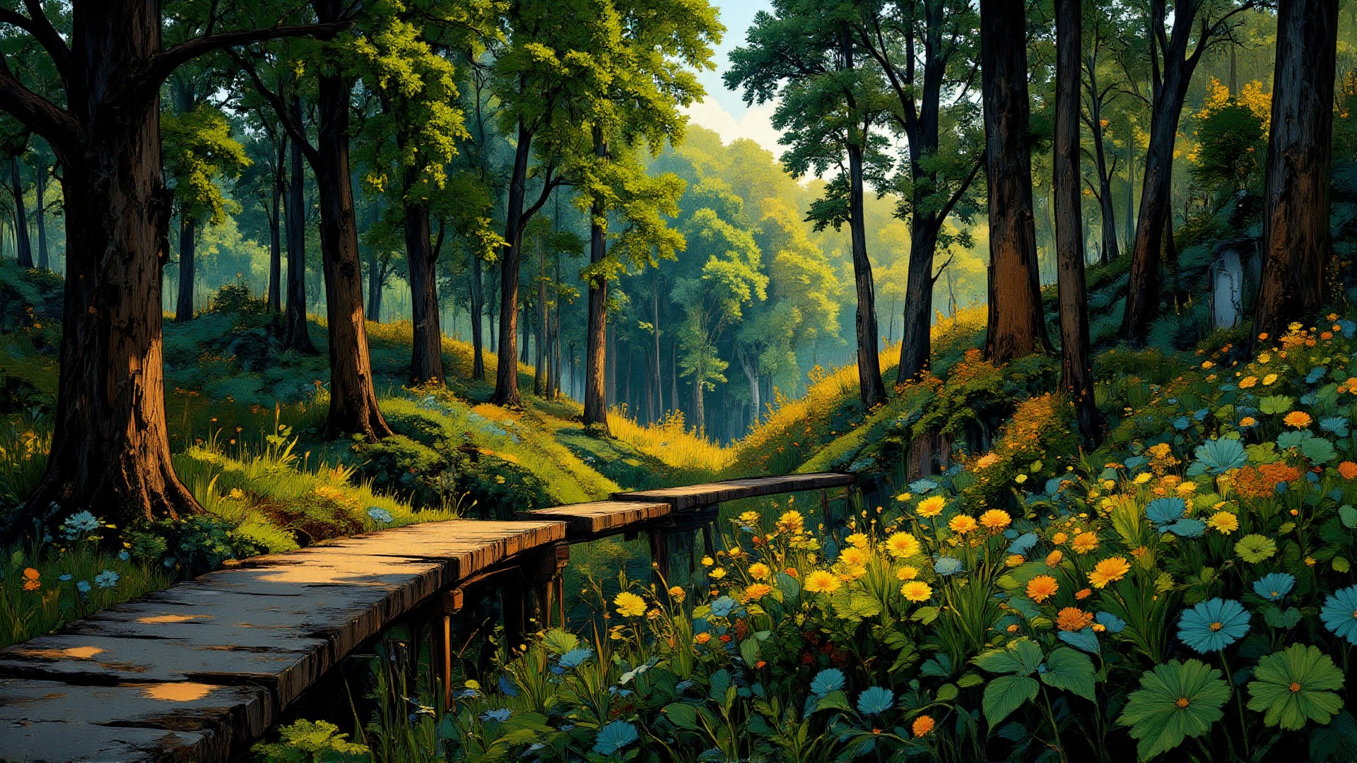 Magic Realism painting. Ground level wide angle view. Rennaisance theme. forest, wooden walkway, fairy lights. Intricate white and lime-green and white ebru details. Overall, the scene is fecund and is very detailed. Dramatic lighting illuminates the scene from above. <lora:Charcoal01d_CE_FLUX_AIT:0.6> <lora:Paper_Marbling_Flux:0.5> <lora:아름답고_우아한_r1:0.6> <lora:midjourney_whisper_chromaplex_v1:0.6>