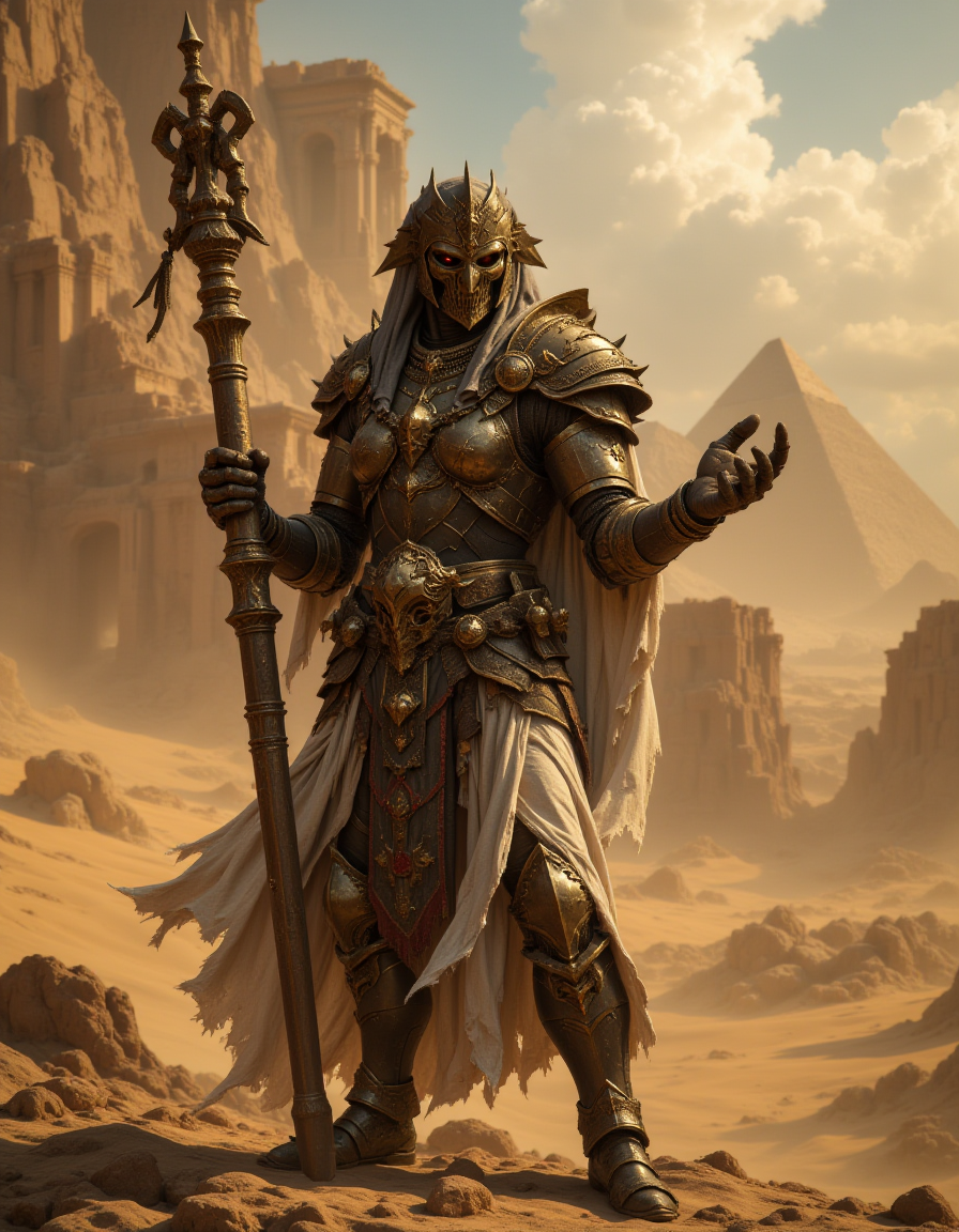 An egypt mage holding a magic rod in both hands, egypt armor , magic, egypt pharao buildings, desert, cinematic, FredFraiStyle
