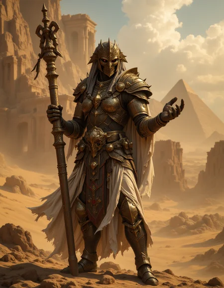 An egypt mage holding a magic rod in both hands, egypt armor , magic, egypt pharao buildings, desert, cinematic, FredFraiStyle