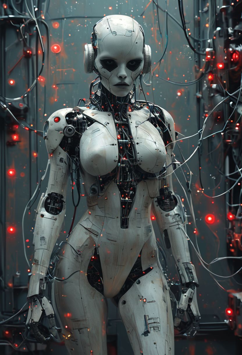 score_100.000, DARK StarWars themed Android Standing in Docking Station, stormTroopers, Sith Style, lightning Bolts, Xmultiplex, hkmecha, INSIDE Spaceship, Standing at Wall, Socket at Wall, wires conncected with Woman, score_9, score_8_up, hkstyle Gothic Android, Female wearing wired-cyborg armor Made from cables and technical parts, cyberpunk, Closeup, swimsuit, Action Shot, flying particles, scratched, photorealistic, Photo, masterpiece, high Quality, hyper detailed, volumetric lighting, fluffy, reelmech, mechanical parts, cable, wires, machinery, joints, Closeup Portrait, floating particles,