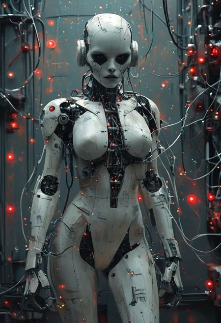 score_100.000, DARK StarWars themed Android Standing in Docking Station, stormTroopers, Sith Style, lightning Bolts, Xmultiplex, hkmecha, INSIDE Spaceship, Standing at Wall, Socket at Wall, wires conncected with Woman, score_9, score_8_up, hkstyle Gothic Android, Female wearing wired-cyborg armor Made from cables and technical parts, cyberpunk, Closeup, swimsuit, Action Shot, flying particles, scratched, photorealistic, Photo, masterpiece, high Quality, hyper detailed, volumetric lighting, fluffy, reelmech, mechanical parts, cable, wires, machinery, joints, Closeup Portrait, floating particles,