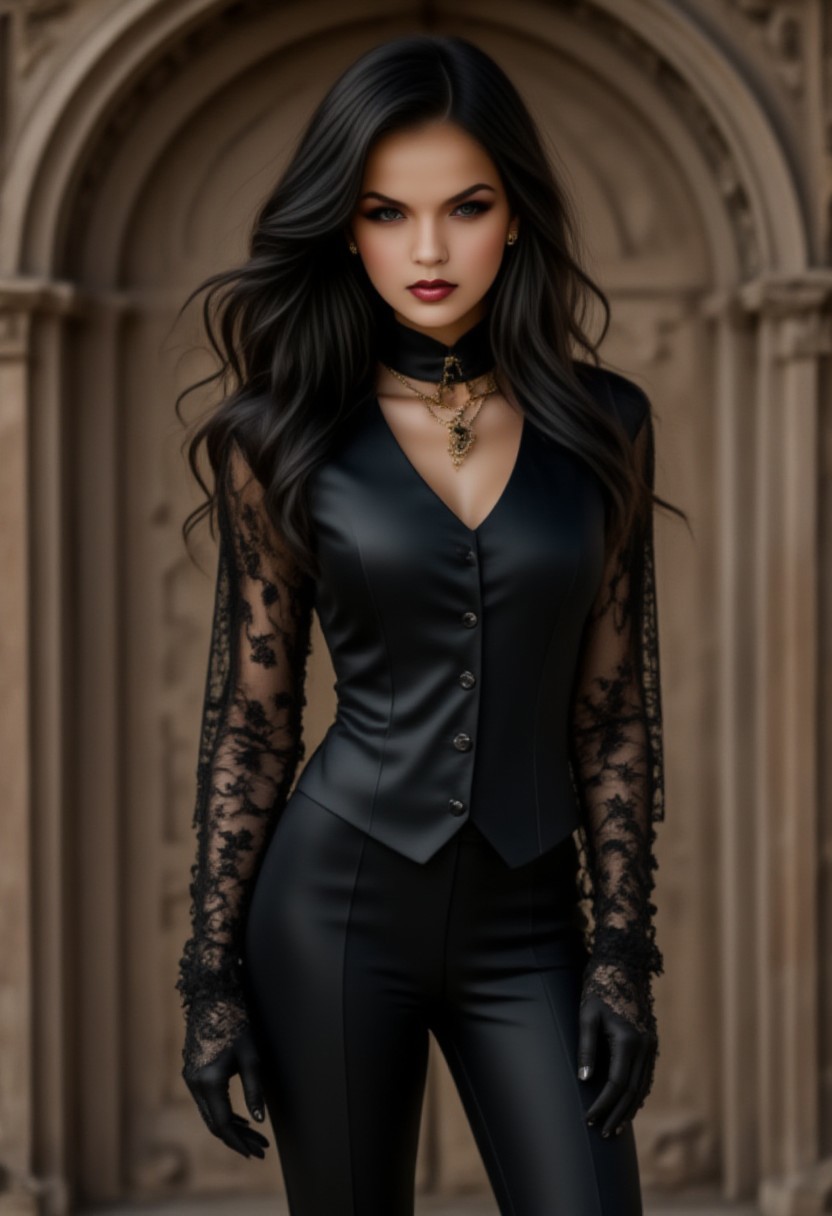 full body from the knees up, grunge style, stylish woman, (formidable heroine:1.3) , (gothic fantasy:1.25) , dark gothic beauty, ornate engravings, lace gloves, leather vest, ethereal glow, beauty, (punkrock shades:1.1), zaya, marrta, midjourney_whisper_avant_couture
