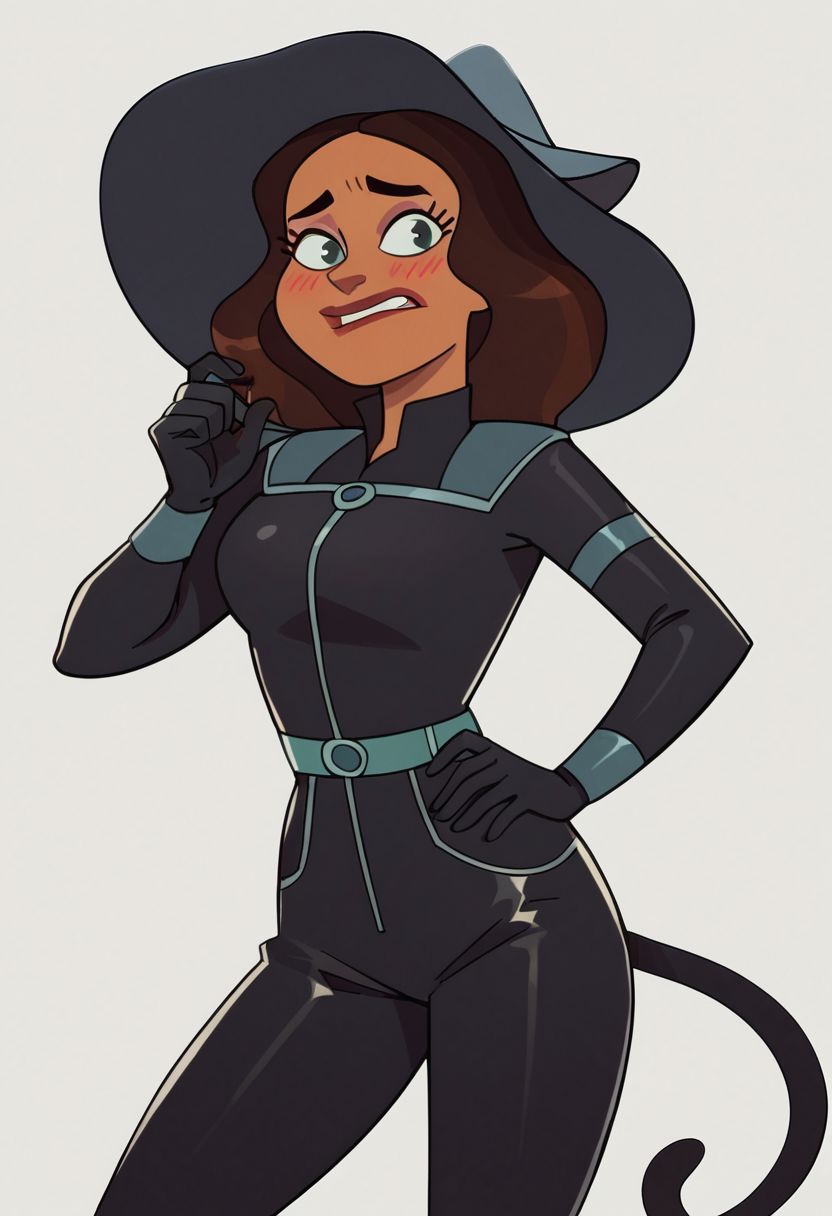 score_9,score_8_up,score_7_up,score_6_up, OverallDetail, Kristine Sanchez, on hand on hip, looking at viewer, 1girl, black catsuit, catsuit, blushing, Nervous