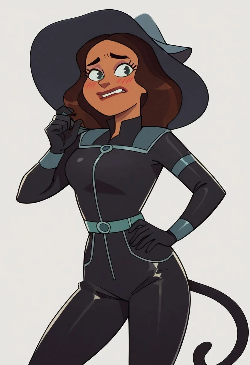score_9,score_8_up,score_7_up,score_6_up, OverallDetail, Kristine Sanchez, on hand on hip, looking at viewer, 1girl, black catsuit, catsuit, blushing, Nervous