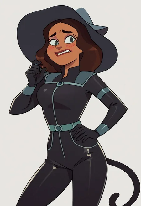 score_9,score_8_up,score_7_up,score_6_up, OverallDetail, Kristine Sanchez, on hand on hip, looking at viewer, 1girl, black catsuit, catsuit, blushing, Nervous
