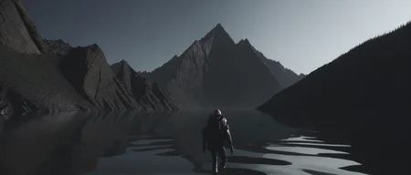<lora:21ParralelDimensions:1>parallel dimension: a person walking through a body of water with a mountain in the background