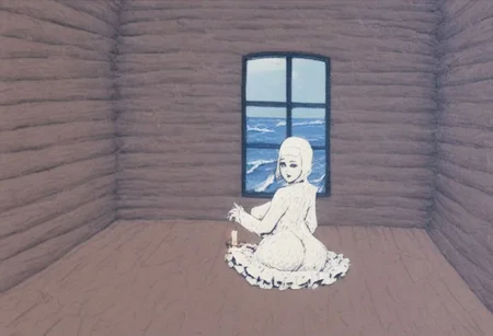 score_9, score_8_up, score_7_up, solo, (1girl:1.5), (female:1.5), big breasts, big ass, (hands:1.5), white robe, old cabin interior, (sea storm background:1.5), (window:1.5), candle, light beam, table standing, looking at viewer, full body, halo, rear view, (potets:1.6),