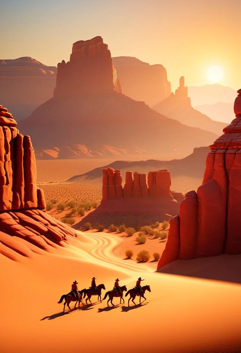 ispzxll, diorama, isometric, miniature, volumetric lighting style, intricate details, old west, americain frontier, wild west, cowboy era, desert, rocky mountains, red rocks, riding horseback, race, horse, fast, mountain view, dynamic frame, long shadows, golden hour, epic
