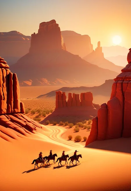 ispzxll, diorama, isometric, miniature, volumetric lighting style, intricate details, old west, americain frontier, wild west, cowboy era, desert, rocky mountains, red rocks, riding horseback, race, horse, fast, mountain view, dynamic frame, long shadows, golden hour, epic