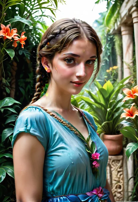 luc14nn4 takes a selfie at a botannical garden in singapore. Wearing her hair in a side-braid, wearing a tourist singapore shirt. Surrounded by flowers and exotic plants