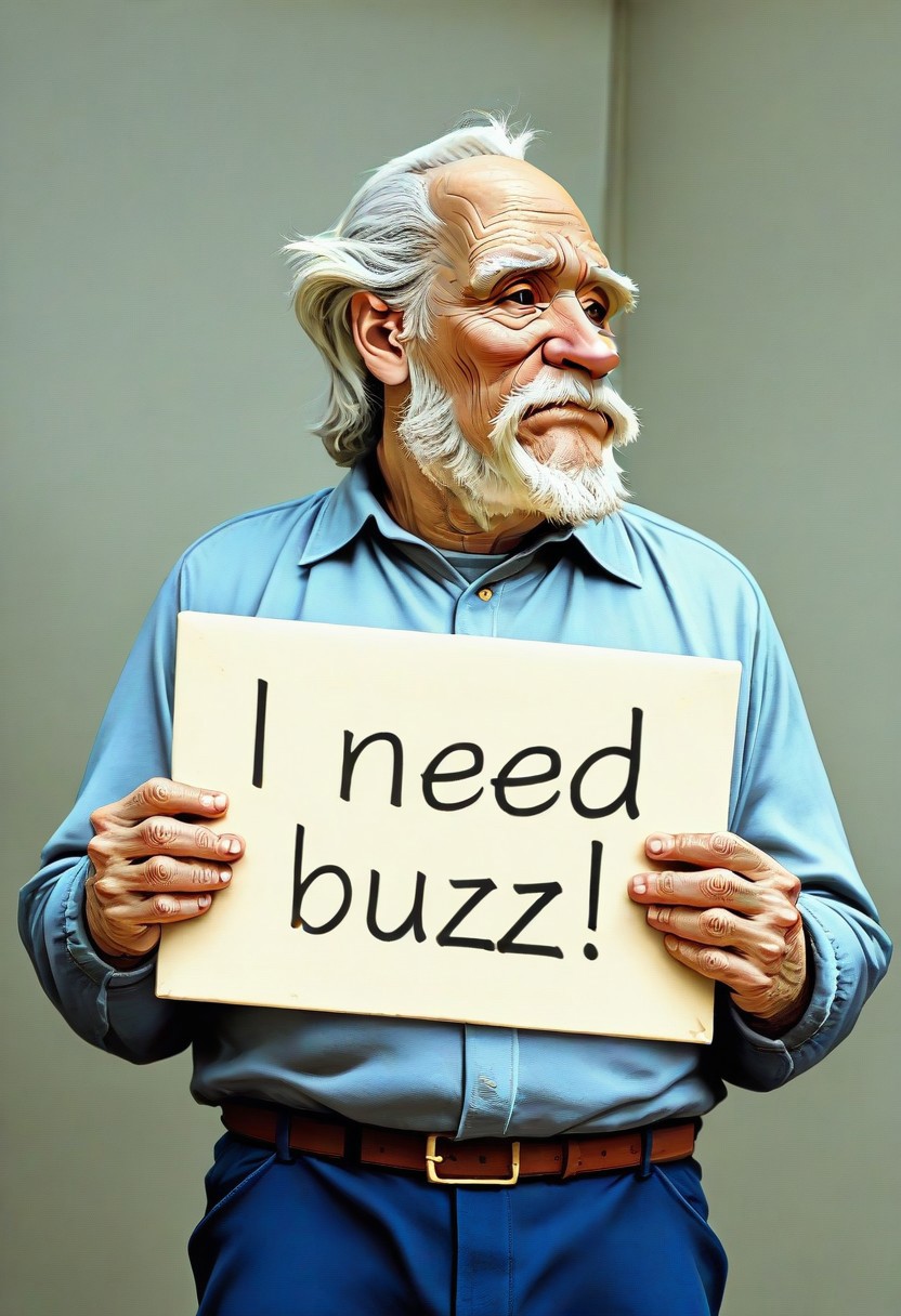 need_buzz, holding sign, old man, sad, looking away, realistic