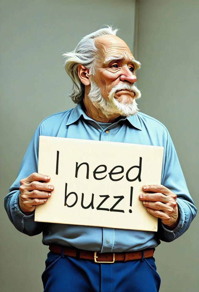 need_buzz, holding sign, old man, sad, looking away, realistic
