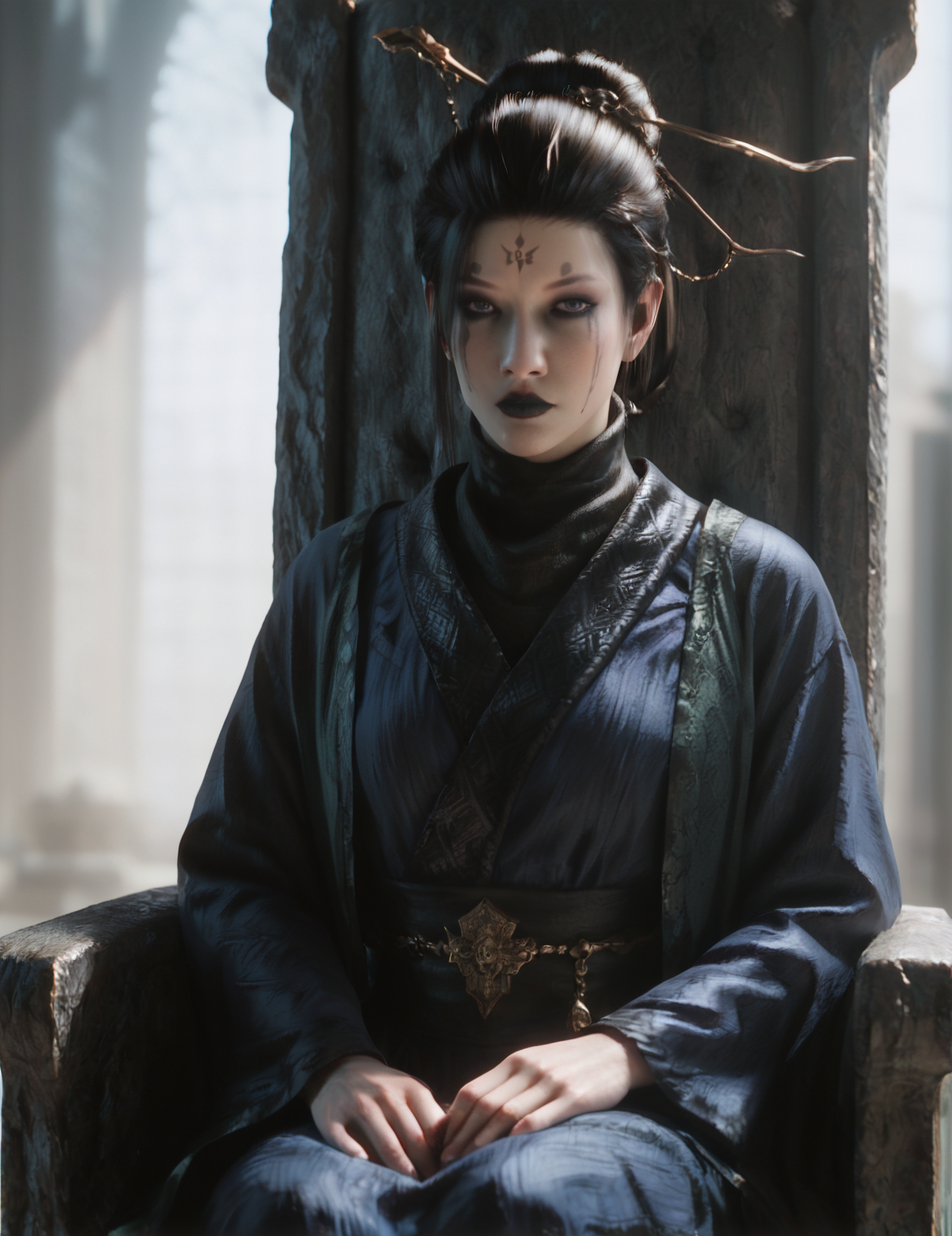 Si Mei, Black Myth, Black Myth Wukong, black hair, facial mark, single hair bun, hair bun, forehead mark, hair ornament, makeup, black lips, score_9, score_8_up, score_7_up, score_6_up, <lora:blenderMix-simei-000018:0.5>, <lora:20240828-1724775161152:0.7>,realistic,sitting,DETAILED EYES,<lora:add-detail-xl:-2> ,sunlight,full frontal, portrait, throne, looking at viewer,