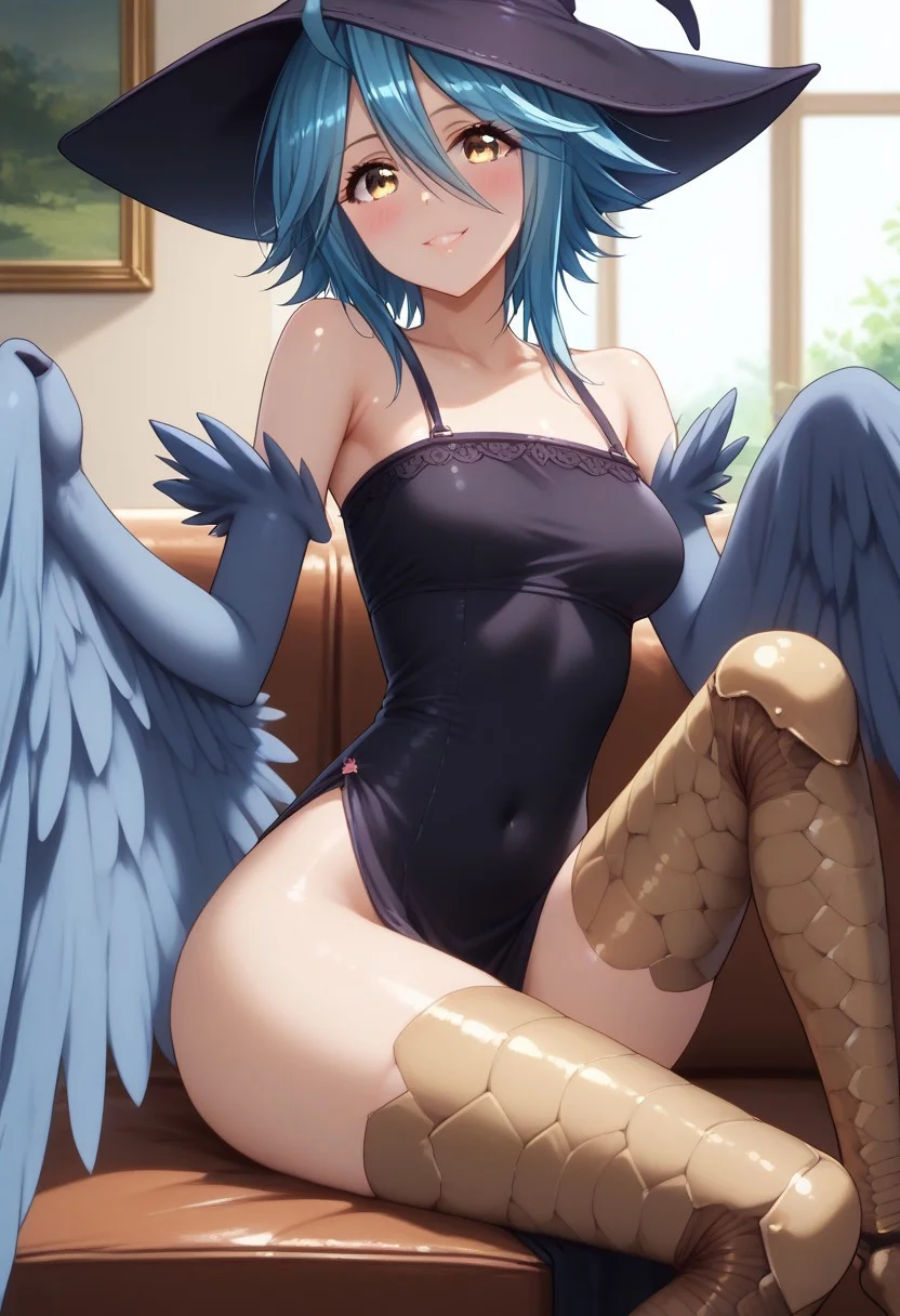 (Masterpiece, best quality:1.2), score_9, score_8_up, solo, soft color, soft shading, lighting, (anatomically correct), cute, best high quality, high res, 1girl, solo, adorasexy, (papi, hair between eyes, blue hair, yellow eyes, ahoge, wings, feathers, monster girl, feathered wings, scales, blue wings, harpy, winged arms, talons, bird legs), makeup, eyelashes, lipstick, medium breasts, (Witch hat, witch dress), looking at viewer, blushing, smile, smooth skin, shiny skin, shiny, hair over face, hair over eye, adult
BREAK,
Sitting next to viewer, from side, looking at viewer, view from side, living room, on sofa, cowboy shot, covered navel