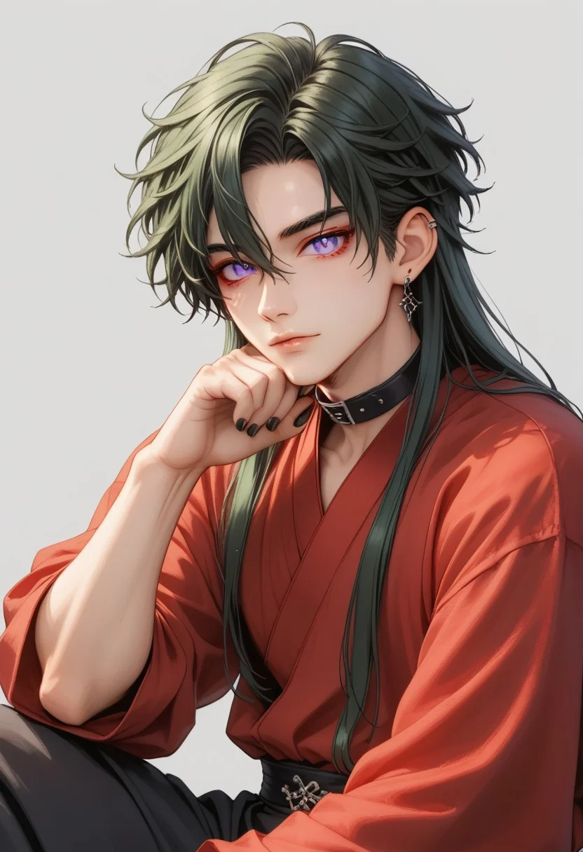 score_9, score_8_up, score_7_up, rating safe, 8k portrait, 1 boy,solo, full body, low angle, male focus, AntherimA, purple eyes, slit pupils, dark green hair, hair between eyes, asymmetrical hair parting, light_red_eyeshadow, ((1_earstud_left_side)), 20 years old, stoic pose, chinese_clothing, sitting, dynamic pose, long large red sleeves, red clothing, black collar, black_waistband, long flowing fabrics,layered clothing , black nail varnish, highly detailed, professional photography, masterpiece, (finely detailed beautiful eyes: 1.2), hdr, no background, black_background