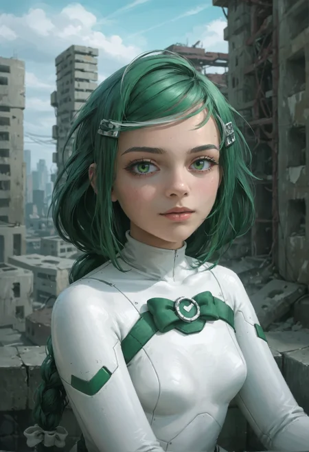 zPDXL2, (three quarter view:0.8), (hip focus:0.9), depth of field, highly detailed, ssta,
close shot, sber-chan, green hair, streaked hair, green eyes, single braid, white bow, long hair, (skin details:1.1),
looking at viewer, calm, sitting,
hairclip, (white plugsuit:1.2),
rooftop, scenic overlook, abandoned city, post-apocalypse, ruins, power lines,
<lora:add-detail-xl:1.5> <lora:Sber-chan:0.9> <lora:ssta:0.9>