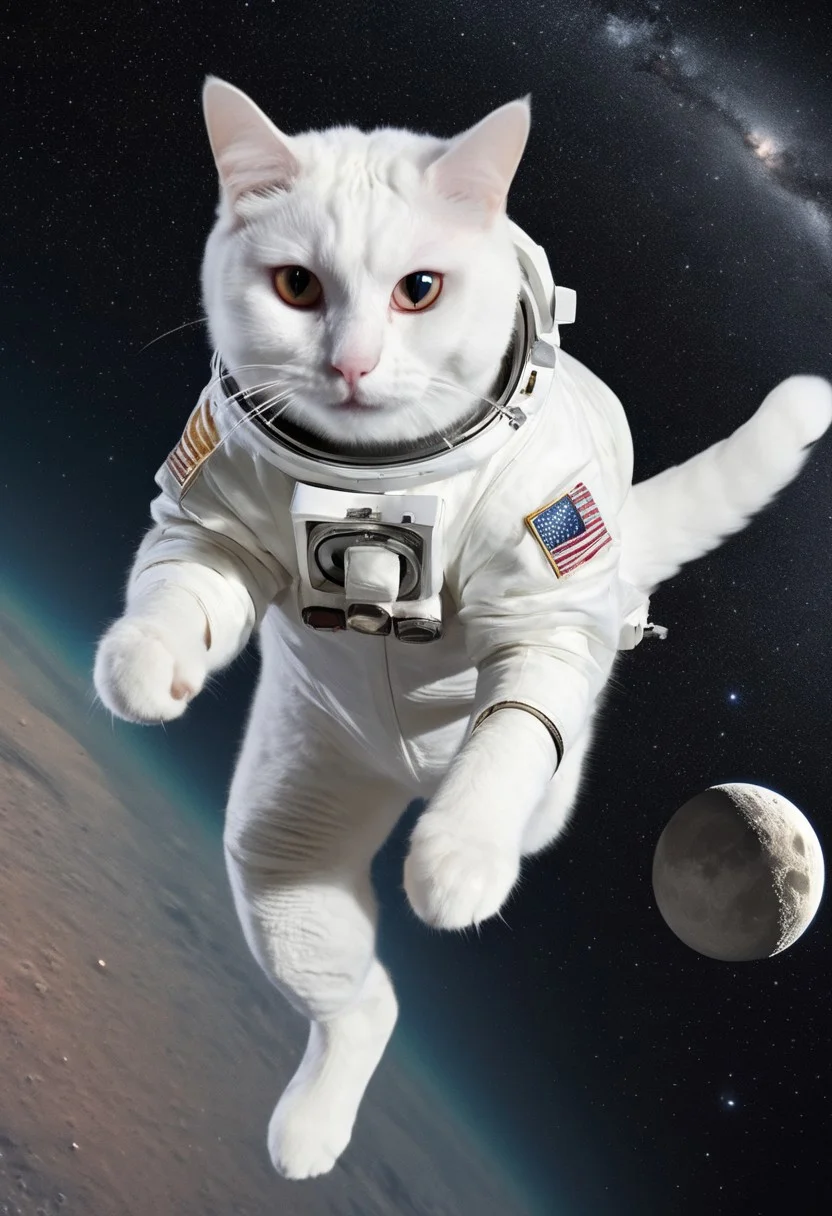 GrubCat, (white cat dressed like a astronaut), wearing astronaut suit, wearing astronaut helmet, jumping on the moon, in space, heterochromia, enhanced textures, creative, beautiful, vibrant, masterpiece, 8k, Ultra HD, amazing details, amazing quality, amazing artist, sharp edges, detailed textures, full view, atmospheric lighting, amazing visuals