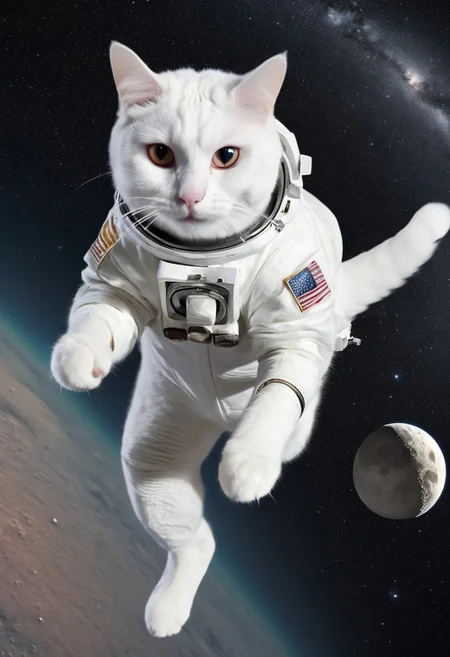 GrubCat, (white cat dressed like a astronaut), wearing astronaut suit, wearing astronaut helmet, jumping on the moon, in space, heterochromia, enhanced textures, creative, beautiful, vibrant, masterpiece, 8k, Ultra HD, amazing details, amazing quality, amazing artist, sharp edges, detailed textures, full view, atmospheric lighting, amazing visuals