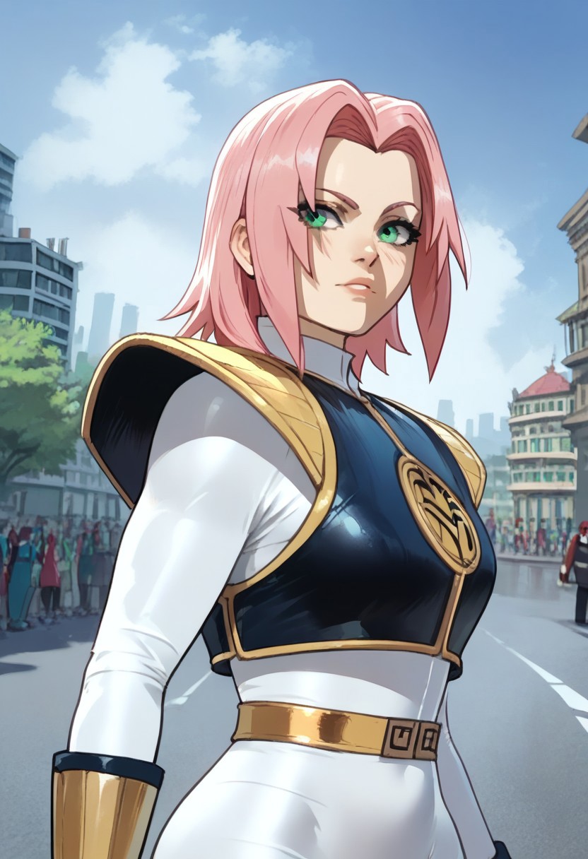 score_9, score_8_up, score_7_up 
   , masterpiece, beautiful, screencap,
<lora:sakura-haruno-s1-ponyxl-lora-nochekaiser:1>, sakura haruno, medium hair, green eyes, pink hair, parted bangs, close up, upper body, 
,1  girl, wide hips, normal breast, standing, battle pose, TigermRanger, Tight suit, whie colored suit, white gloves,gold belt,black colored vest with shoulder-pads, golden vambraces,shiny gold elements,sheath, outdoors, city,