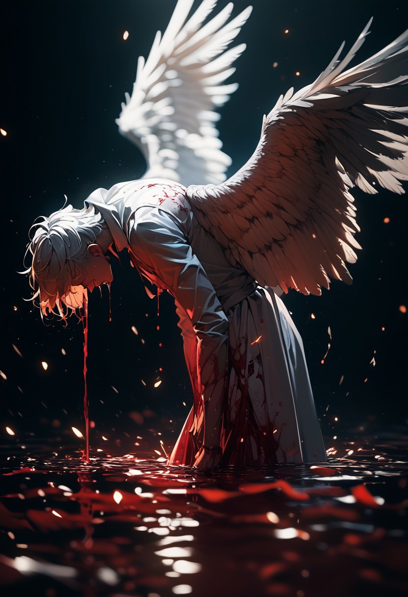 (score_9, score_8_up), score_7_up, 1boy, wings, from side, crying, tears of blood, blood, feathered wings, wading, floating, angel wings, white wings, arms at sides, angel, facing away, dripping, multiple wings, pool of blood, 
depth of field, blurry background, black background, dark, CINE, embers, 
 <lora:unholy-000009:0.75>   <lora:CINE-000008:0.5>