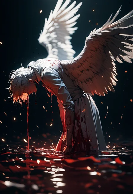 (score_9, score_8_up), score_7_up, 1boy, wings, from side, crying, tears of blood, blood, feathered wings, wading, floating, angel wings, white wings, arms at sides, angel, facing away, dripping, multiple wings, pool of blood, 
depth of field, blurry background, black background, dark, CINE, embers, 
 <lora:unholy-000009:0.75>   <lora:CINE-000008:0.5>