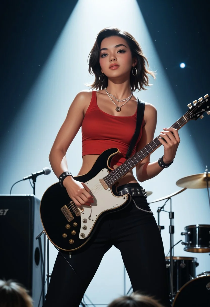 score_9, score_8_up, score_7_up, score_6_up, score_5_up, score_4_up, A young woman, likely in her late teens or early twenties, with dark hair and a medium complexion, is positioned on a stage, playing an electric guitar. She is centered in the image but slightly to the left of the frame. She's facing the viewer, her expression focused and intense as she plays. She is wearing a sleeveless, vibrant red top, black pants or skirt, and a studded belt. A bandana or wristband is visible around her wrist. She is wearing jewelry including a layered necklace with a pendant. Her body is slender and athletic. The setting is a rock concert, with other musicians playing instruments (drums and a guitarist) in the background. The stage is lit by bright stage lights, creating a dynamic atmosphere. The image has a 1970s-1980s rock concert vibe, with muted tones of light red, black, white, and gray dominating the colors. The perspective is from slightly in front of and slightly above the woman, with a focus on her playing the guitar. The overall style is a snapshot of a concert performance with a clear emphasis on the musical artist.