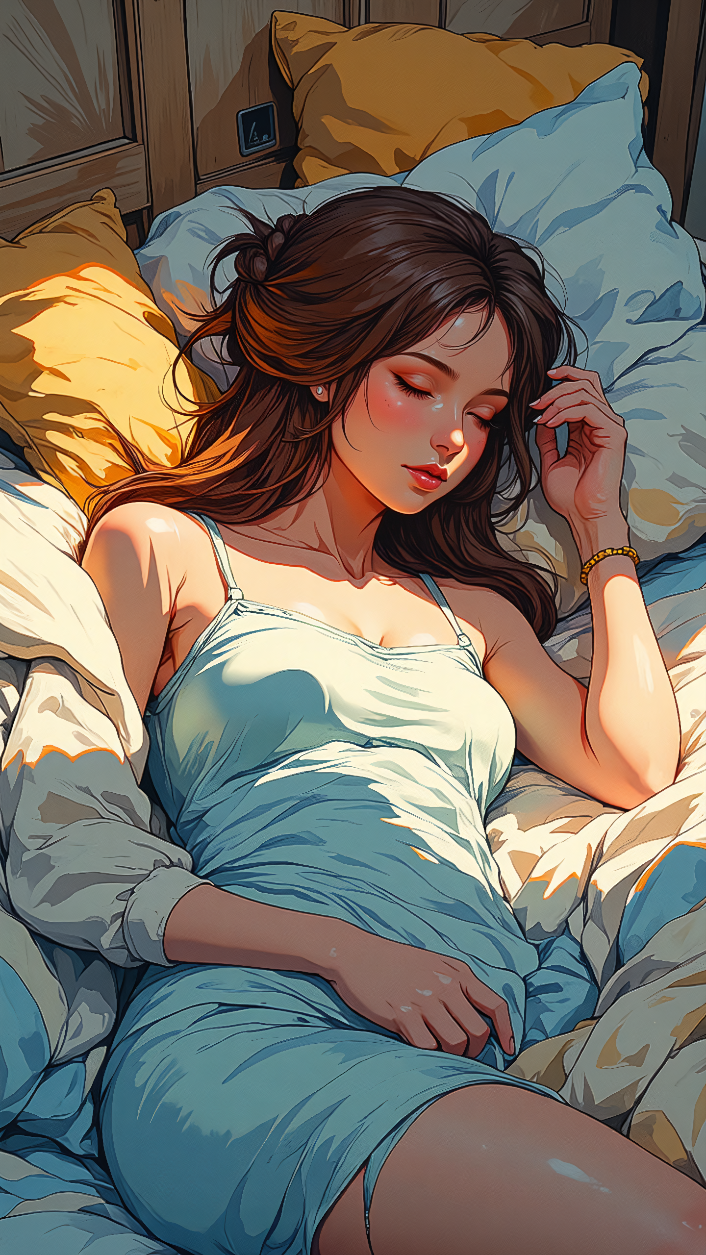 High-resolution semi-realistic anime-style illustration, soft painterly shading, a woman sleeping on a plush bed, tangled in silky light blue and striped sheets as the morning light casts a warm glow across her skin. Her long, chestnut-brown hair is styled into loose, messy twin braids, strands slipping free onto the pillow, her soft lips slightly parted, her expression peaceful yet subtly enticing. She is naked with exposed breasts. One hand rests lightly on the fluffy multicolored pillows, the other draped over her waist, while the gentle rise and fall of her breathing creates faint ripples in the sheets. Painterly warm neutrals, soft pastels, and diffused golden highlights, creating a serene yet sensual atmosphere <lora:flux-sm41l33-comic-v1:1.0> <lora:PinkieSoftcoreAnimeFLUX:0.8> <lora:Anime_v1.3:0.8>