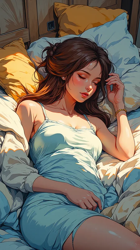 High-resolution semi-realistic anime-style illustration, soft painterly shading, a woman sleeping on a plush bed, tangled in silky light blue and striped sheets as the morning light casts a warm glow across her skin. Her long, chestnut-brown hair is styled into loose, messy twin braids, strands slipping free onto the pillow, her soft lips slightly parted, her expression peaceful yet subtly enticing. She is naked with exposed breasts. One hand rests lightly on the fluffy multicolored pillows, the other draped over her waist, while the gentle rise and fall of her breathing creates faint ripples in the sheets. Painterly warm neutrals, soft pastels, and diffused golden highlights, creating a serene yet sensual atmosphere <lora:flux-sm41l33-comic-v1:1.0> <lora:PinkieSoftcoreAnimeFLUX:0.8> <lora:Anime_v1.3:0.8>