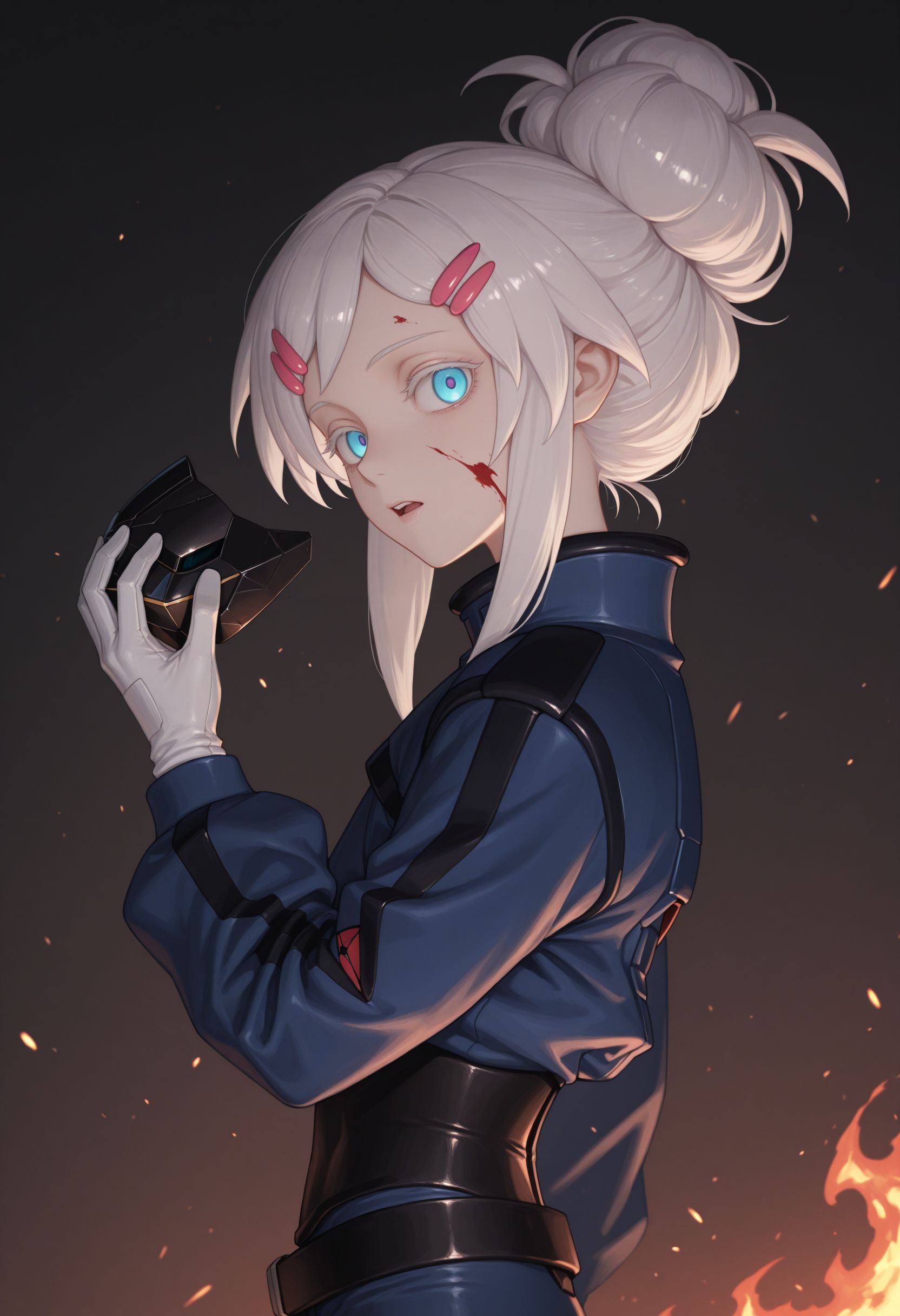 masterpiece,best quality,absurdres,highres,very aesthetic,high quality,detailed,insanely detailed,beautiful,  solo
white eyelash, expressionless,  from side, head tilt, blood on face, open mouth, full teeth
 <lora:Deux illu:1>, 1girl,, hairclip, holding mask, white hair, single hair bun, fire, white gloves, science fiction, hair ornament, blue eyes, embers, looking at viewer, blue jacket, unworn mask, mobile suit, v-fin, glowing, belt, pilot suit