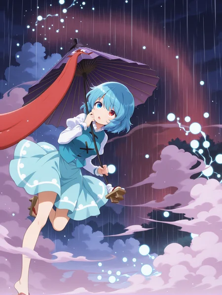 absurdres, highres, masterpiece, best quality, amazing quality, official anime artwork, screencap, anime screencap, dynamic pose,
<lora:Kogasa-Tatara_Illustrious:1> tatara kogasa, 1girl, solo, heterochromia, red eyes, blue eyes, blue hair, short hair,, white shirt, long sleeves, juliet sleeves, blue vest, blue skirt, holding umbrella, karakasa obake,
water,open mouth, looking up, light particles, danmaku, rain, dark, cloud, night, smoke,