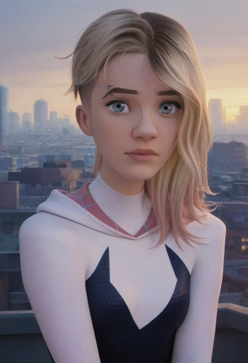 score_9, score_8_up, score_7_up, score_6_up, score_5_up, 
upper body, looking at viewer, 
(photo of gwnstc), 18-years-old, blonde hair with pink dip-dye, undercut bob, blue eyes, eyebrow piercing, hooded hero bodysuit, 1girl, worried look, 
1girl, flustered, embarrassed, submissive, shy, open mouh, masterpiece, pov, nyc skyline in background, sunset, cinematic lighting, volumetric lighting, futuristic skyline