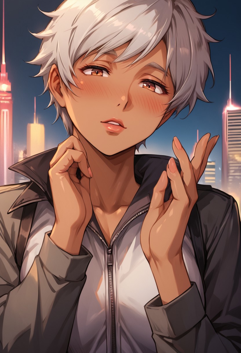 score_9, score_8_up, score_7_up, solo, 1girl, grey hair, dark-skinned female, blush, , Big Breast, short hair, city, jumpsuit brown,
 <lora:add-detail-xl:1.0> ,(((feminine bodies))),(((perfect anatomy))), (((correct arms))), (((correct hands))), detailed eyes、detailed face and detailed skin <lora:add-detail-xl:1.0>,,dark skin, Dark Skin Female, Dark elf