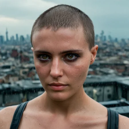 Buzzcut, no hair, bald, Blade Runner style, cinematic film still, (Skin Texture, pores, natural,iPhone,RAW)), natural lighting, Highest Quality closeup Portrait photo of a woman wearing no makeup with a ((buzzcut)), silver eyes, Nikon Z9, realistic matte skin, blurry city in the background, moody, epic, gorgeous, 8K,