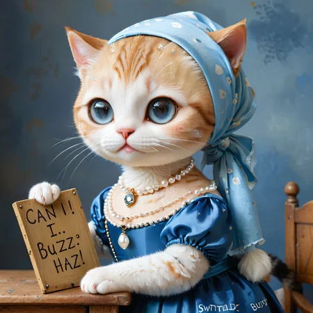 an anthropomorphic cat in the style of Johannes Vermeer, side view, head turned to the side, wearing a pearl necklace, blue headscarf, blue dress,holding sign that reads "CAN I HAZ BUZZ?" <lora:add-detail-xl:1> <lora:SDXL_Sweet_Overload:0.7> pam-swtvrld <lora:xl_more_art-full_v1:0.5>