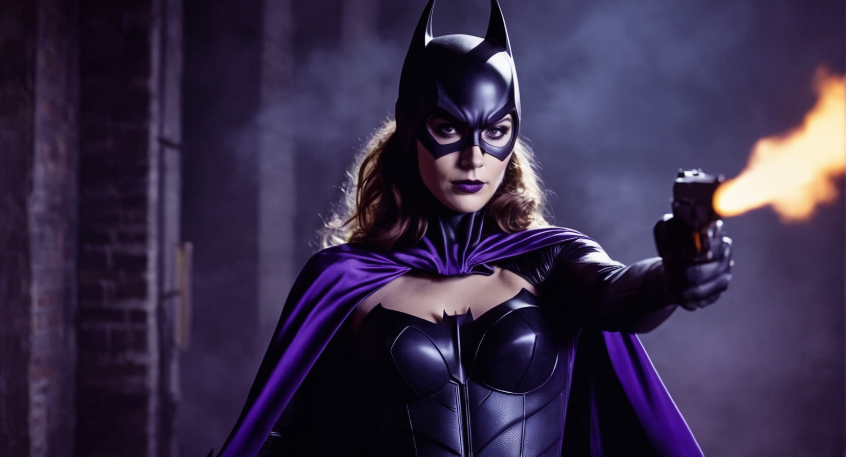 Dark Fantasy Art of (Cinematic Film stock footage style) in (arri alexa style) (Kodak film print style),
 <lora:Batgirl:1>
Batgirl a woman in a purple costume holding a gun, dark, moody, dark fantasy style