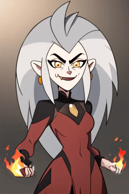 masterpiece, best quality, <lora:edalyn:0.8>, 1girl, solo, grey hair, long hair, yellow eyes, smile, looking at viewer, fang, red dress, long sleeves, jewelry, looking at viewer, sunlight, delicated ilumination, highly detailed, dark background, gradient background, tight clothes, fighting stance, (fire:1.2),