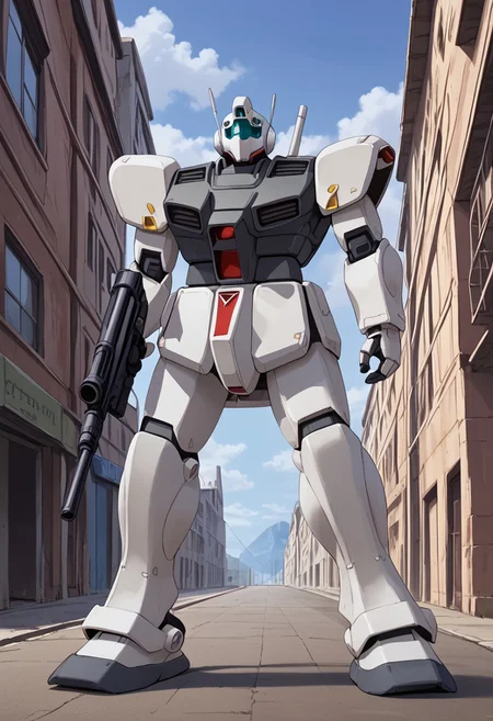 score_9, score_8_up, score_7_up, source_anime, cowboy shot, front view, BREAK, (gm_cold_districts_type, blue gm, standing, 1 mech, blue mech, mech focus, giant gm, sniper rifle,) BREAK, buildings