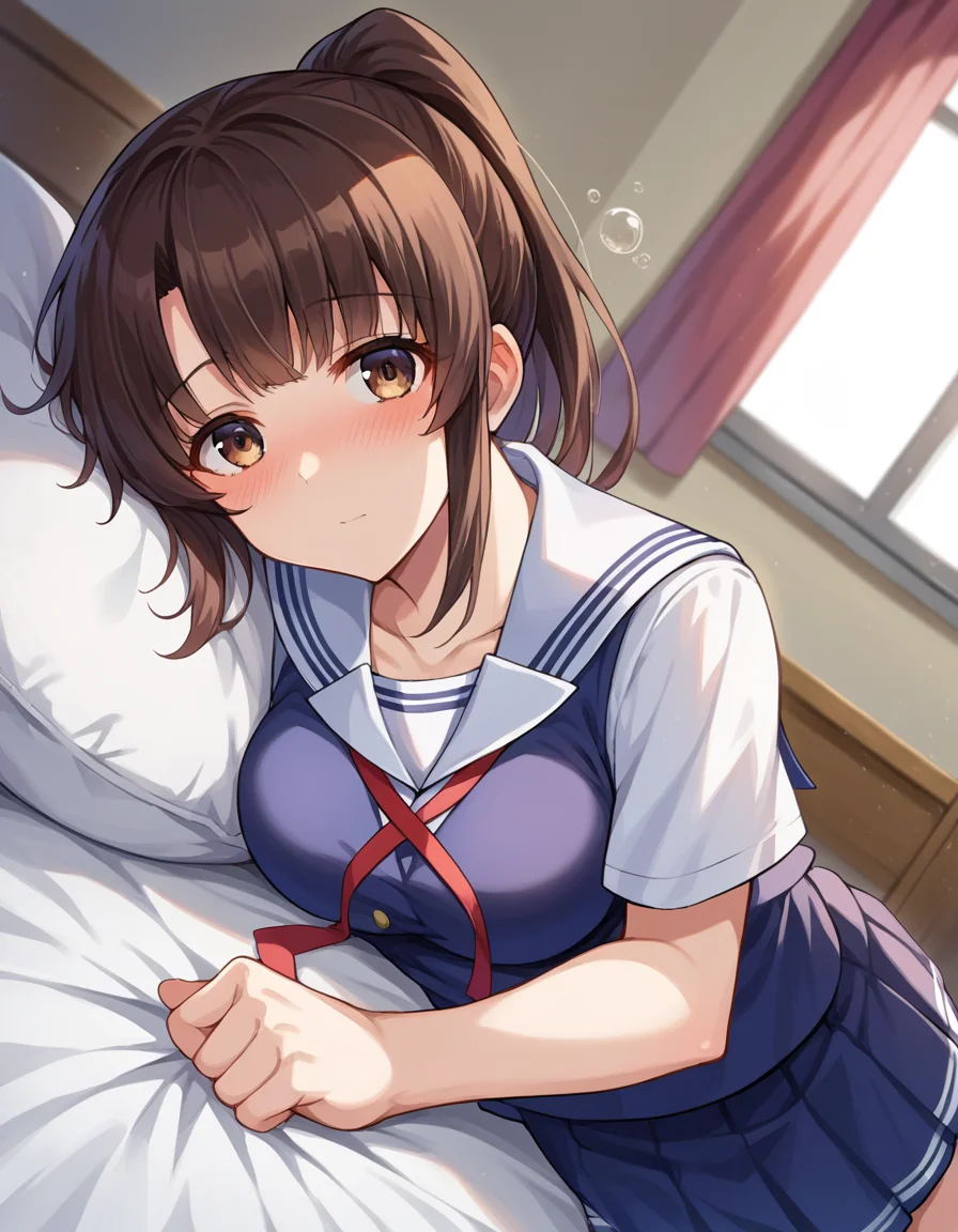 score_9, score_8_up, score_7_up, source_anime,
megumikatou, <lora:megumi-katou-ponyxl-lora-nochekaiser:1>
megumi katou, brown hair, brown eyes,
long hair, ponytail, miniskirt, school uniform, skirt, sailor uniform, serafuku,
indoors, bed, bed room, on side, blush, drunk,
looking at viewer, dutch angle, cowboy shot,