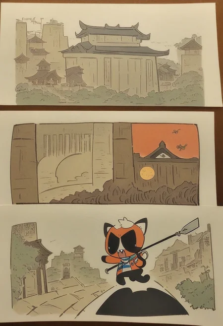 score_9,score_8_up, by Simon Hutt and Fujiko Fujio \(skchkko\), (solo:1.2), 1mutant, Insects humanoid, pale black skin, Scenery, tired eye, Alternative eyes, Red spiral-shaped pupils, hidden nose, sharp teeth, Red Panda Ear, Insect antenna, power lines, no humans, White Leather Bakerboy Trapper Aviator hat (F8EDFF), head bandage, bandage arms, Blue striped simple Sweater Button Up robe, bright red neckerchief, white halo, barbwire collar, shackles on wrist, Black clogs, Revulsion, looking at view, Slightly Side View, holding sickle, happy, Slightly Side View, running, Busan + Athens + Changwon-si + Haedong Yonggungsa Temple, Artist by Alexis Beaumont and Hiroyuki Imaishi, France hand drawn art, hand drawn illustration, Style of Yukyung Noh and Fujiko Fujio, Flat 2D Art Style, Thick lineart, Art Style of Wuye Changjie and Hiroyuki Imaishi, MFKZ parody, <lora:Alternative_lora:0.7>,<lora:TakeichiAbarayaArtistStyle_v10:0.2>, <lora:AlexisBeaumont-10:0.8>, <lora:SilviaDeVenturaArtist-19:0.2>, <lora:LewisTrondheimXLP_Style:1>, <lora:Kim_Pong_PongV2:0.9>, <lora: Powerpuff_Girls-XL:1>, <lora:MFKZ-000044:0.8>
