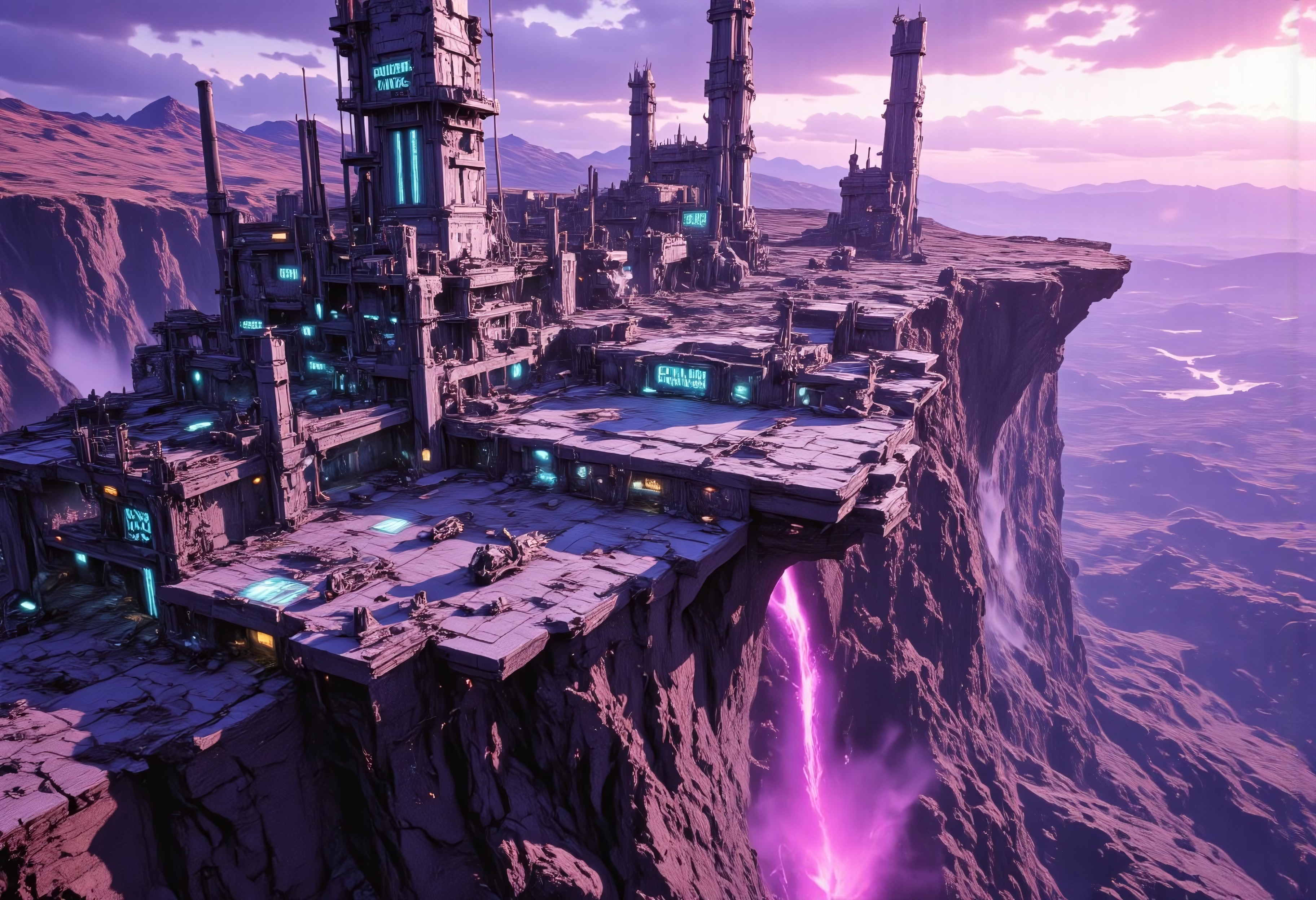 OBxiaoxiang, CAICO, inksketch purple and gray theme, Abstract digital painting in the style of ck-js, detailed photorealistic image, a sci-fi Miningstation of colossal buildings and towers in a barren lavender lush landscape, looking like an Mining Outpost perched at the Cliff, a smelter attached to the structures, of a volcanic cliff, its sleek towers a stark contrast to the cliffs surrounding it. The planet’s sun casts a vivid, cyan surreal light across the station, while deep fissures reveal glowing rivers of molten pink lava far below. The sky is a surreal shade of black and purple, dark glowing diodes and lights ((dark glowing diodes, lights and neon signs), Firestorm Inc. written on the neon signs), attached to the building is a landing field with 3  Spaceships landed on it, Dragonkin like creatures are around fixing some spaceships, two moons hanging low in the horizon, each reflecting light off the surface, large depth of field. The sky is a dark pink, with 2 broken moons hanging low in the horizon <lora:more_details>
realistic, detailed background, shaded, detailed, hi res, realistic, photography \(artwork\), (by kenket), by ross tran, by michael & inessa garmash, by pino daeni, by isvoc, by kiguri, by alena aenami, by ruan jia, (by zenthetiger, by wolfy-nail), by Enki Bilal, by drmax, photorealism, <lora:add_detail:1.3