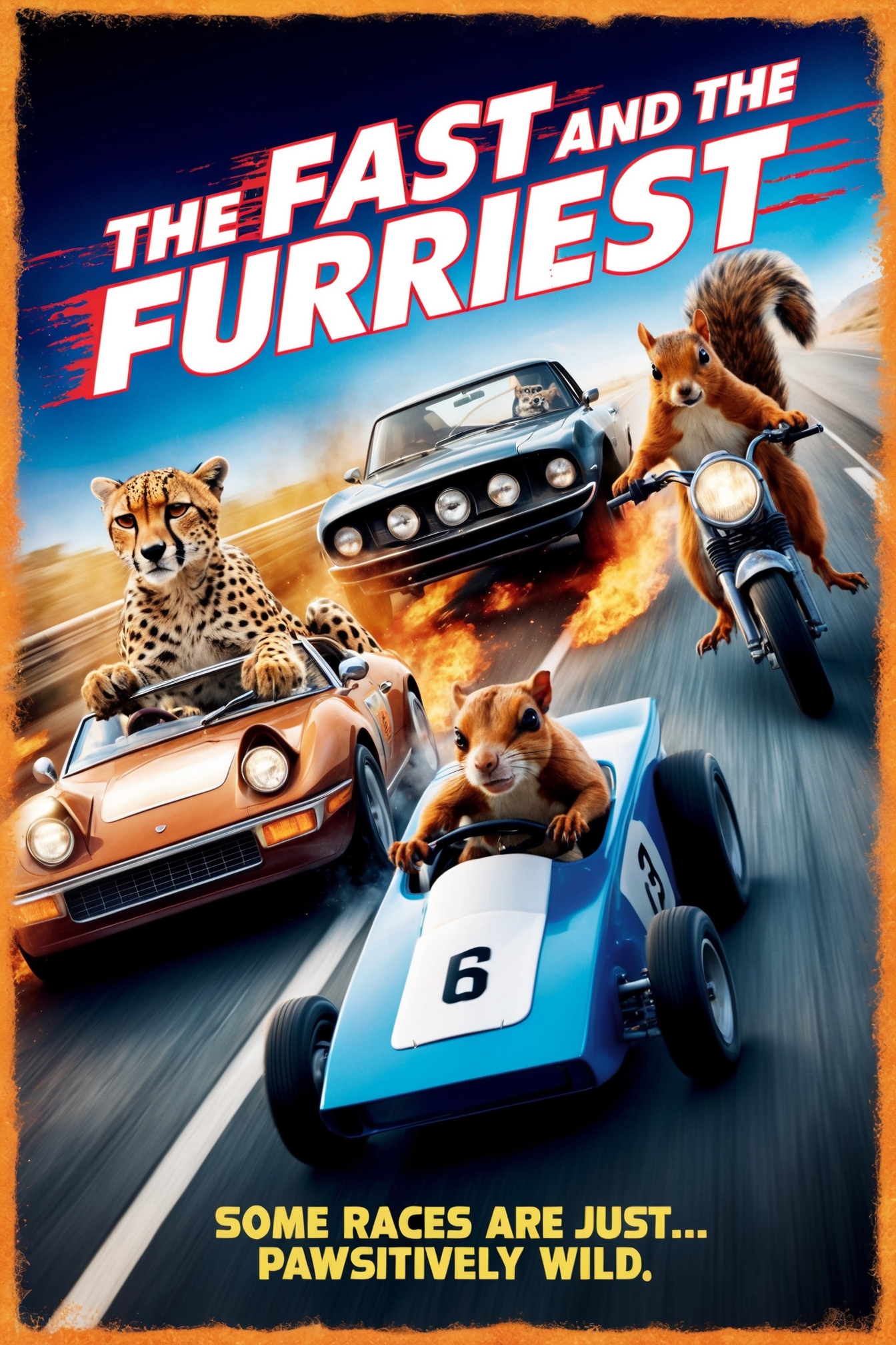this poster features an action-packed race between a variety of animals. A cheetah, a greyhound, and a squirrel in tiny, souped-up cars are speeding down a highway, leaving trails of fire and dust behind them. The cheetah leans out of its car with aviator sunglasses, while the squirrel rides on a mini-motorcycle, looking intense. In bold, neon letters across the top, the title "The Fast and the Furriest" is splashed across the poster, with the word "Furriest" in bold, furry-textured font. Below, the tagline reads, "Some races are just...pawsitively wild."