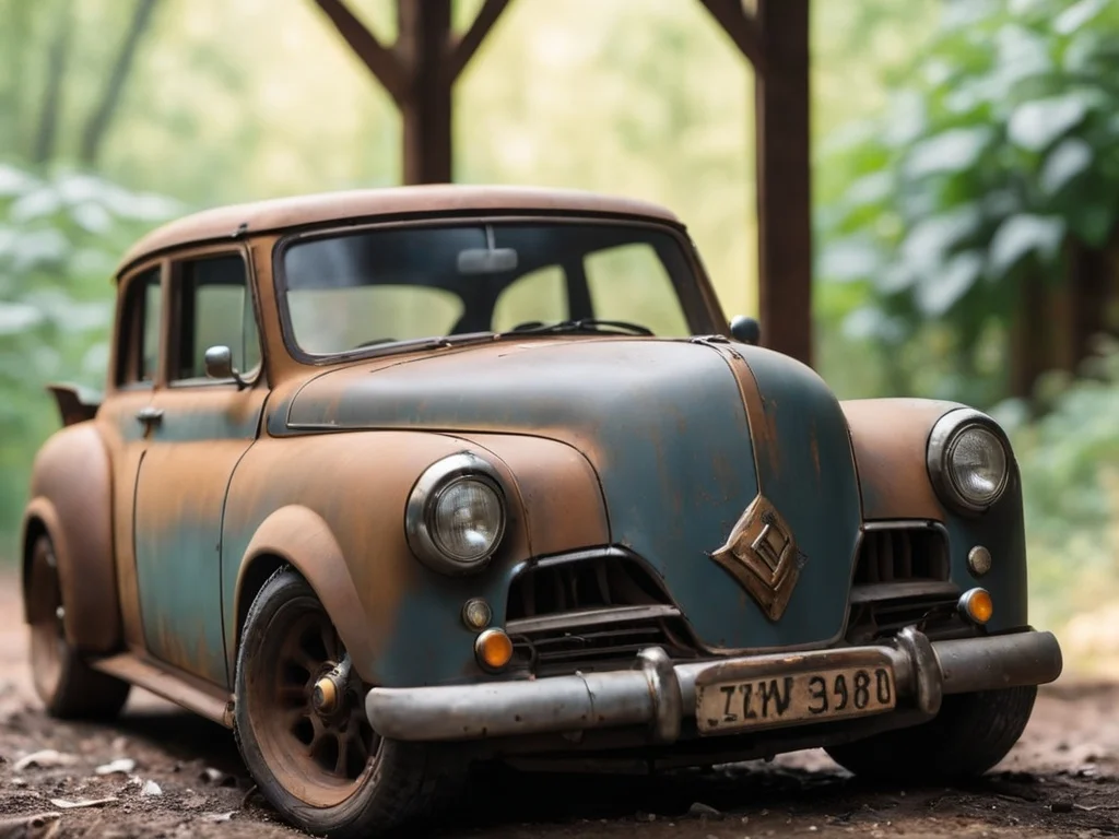 macro diorama photography  <lora:custveh:1> custveh_vehicle, custom Abandoned Rusty car, barn,(cinematic atmosphere:1.2), RAW photo shot by dslr Fujifilm XT3 depth of field bokeh soft lighting film grain photography Realistic photo-realistic Lifelike, <lora:sdxl_photorealistic_slider_v1:5>, <lora:wowifierXL:0.3>