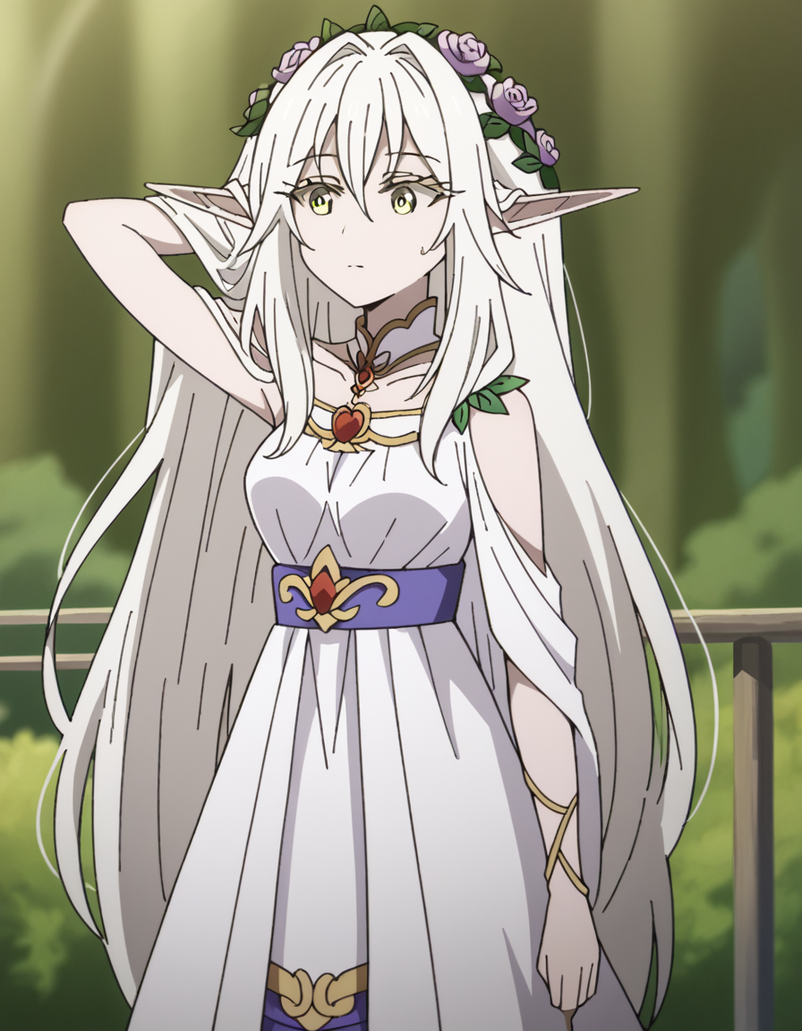 score_9, score_8_up, score_7_up, source_anime, <lora:forest-princess-s2-ponyxl-lora-nochekaiser:1>, forest princess, long hair, hair ornament, hair between eyes, yellow eyes, white hair, flowers, pointy ears, hair flower, rose, hair intakes, elf, medium breasts,, dress, collarbone, white dress,, bus stop, waiting, commuter, smartphone, checking time, cold morning, , , hand behind head, , solo,, cowboy shot, dutch angle