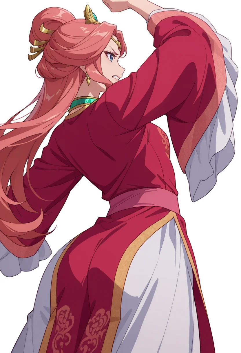 Smooth Quality,masterpiece,very intricate, high quality details, ultra realistic, high detailed skin,detailed enviorement,absurdres,
simple background, white background,solo,
from behind,clenched teeth,dancing,
<lora:Gyokuyou_CNR:0.8> gyokuyou_cnr, 1girl, red hair, pink hair, blue eyes, long hair,chinese clothes, dress, long sleeves, wide sleeves,earrings, necklace, jewelry