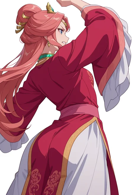 Smooth Quality,masterpiece,very intricate, high quality details, ultra realistic, high detailed skin,detailed enviorement,absurdres,
simple background, white background,solo,
from behind,clenched teeth,dancing,
<lora:Gyokuyou_CNR:0.8> gyokuyou_cnr, 1girl, red hair, pink hair, blue eyes, long hair,chinese clothes, dress, long sleeves, wide sleeves,earrings, necklace, jewelry