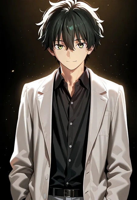 ((masterpiece, best quality, amazing quality, very aesthetic, absurdres)), 
Takeuchi takashi, ((solo)), ((detailed eyes)), calm, smile, closed mouth, 1boy, solo, peaceful, closed mouth,(((oreki_houtarou))), (((black hair, black hair, yellow eyes))), ((short hair, hair between eyes)), ((white labcoat, open labcoat, black shirt, collared shirt, black slacks))), no background, dark background, cowboy shot, dark background, portrait, looking at viewer