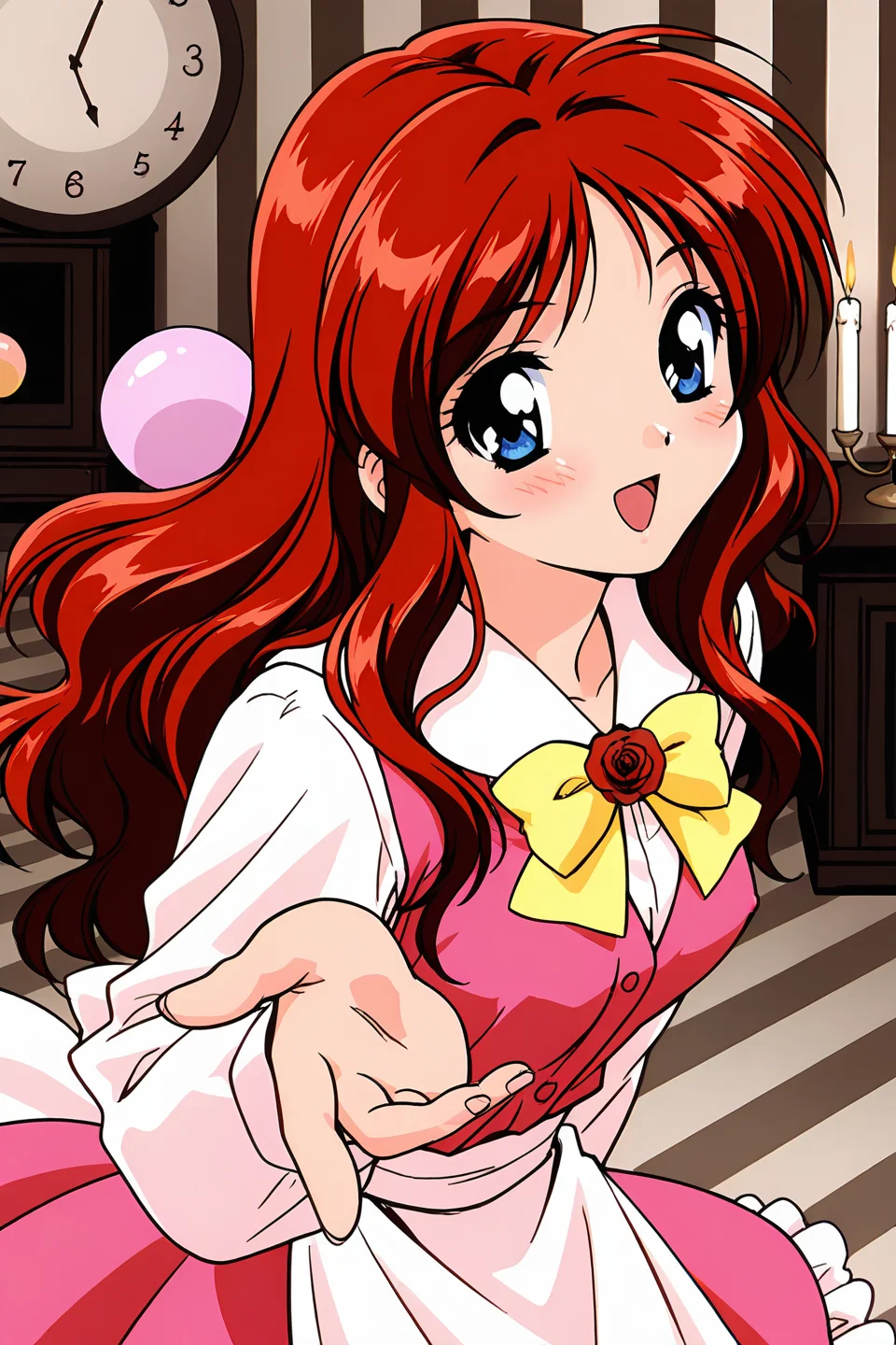 masterpiece, best quality, absurdres, official art, official style, rating general BREAK,
<lora:janjans1-hina_IL2_v1:0.7>, kawahara hina, 1girl, solo, red hair, blue eyes, parted bangs, shiny hair, retro artstyle, anime coloring, small breasts, hair down, long hair, wavy hair, floating hair, white shirt, collared shirt, long sleeves, puffy sleeves, yellow bowtie, red rose, neck flower, pink dress, pinafore dress, sleeveless dress, frilled dress, petticoat, drawer, white apron, waist apron, back bow, indoors, clock, wall clock, analog clock, pocket watch, gift box, balloon, big balls, ball, fire, candle, candlestand, shadow, striped, from above, close-up, dynamic pose, blush stickers, open mouth, puffy nipples, shiny skin, smile, upper body, outstretched arm, looking at viewer, outstretched hand, :d, reaching towards viewer, reaching, fingernails